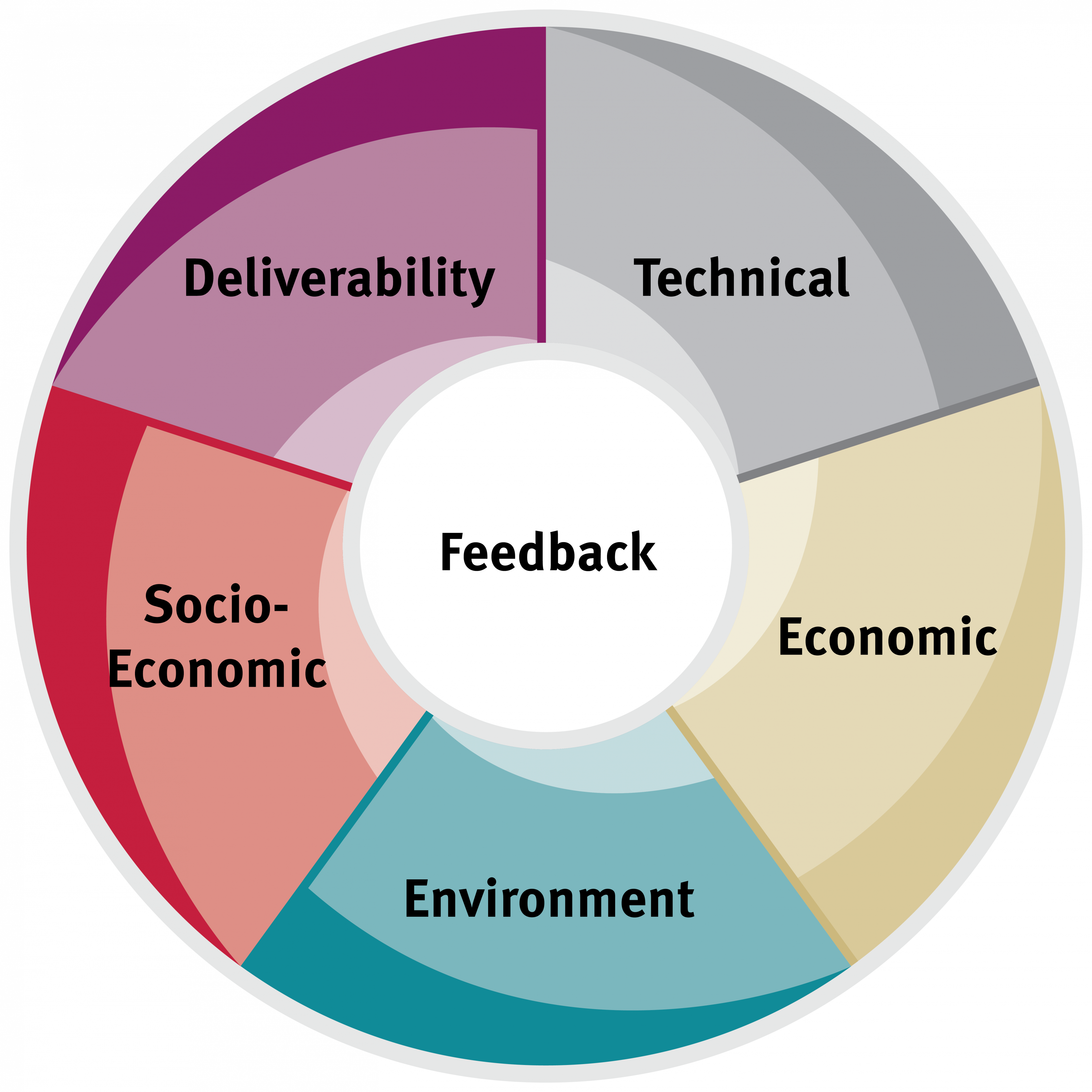 Wheel diagram of five multi-criteria assessment categories