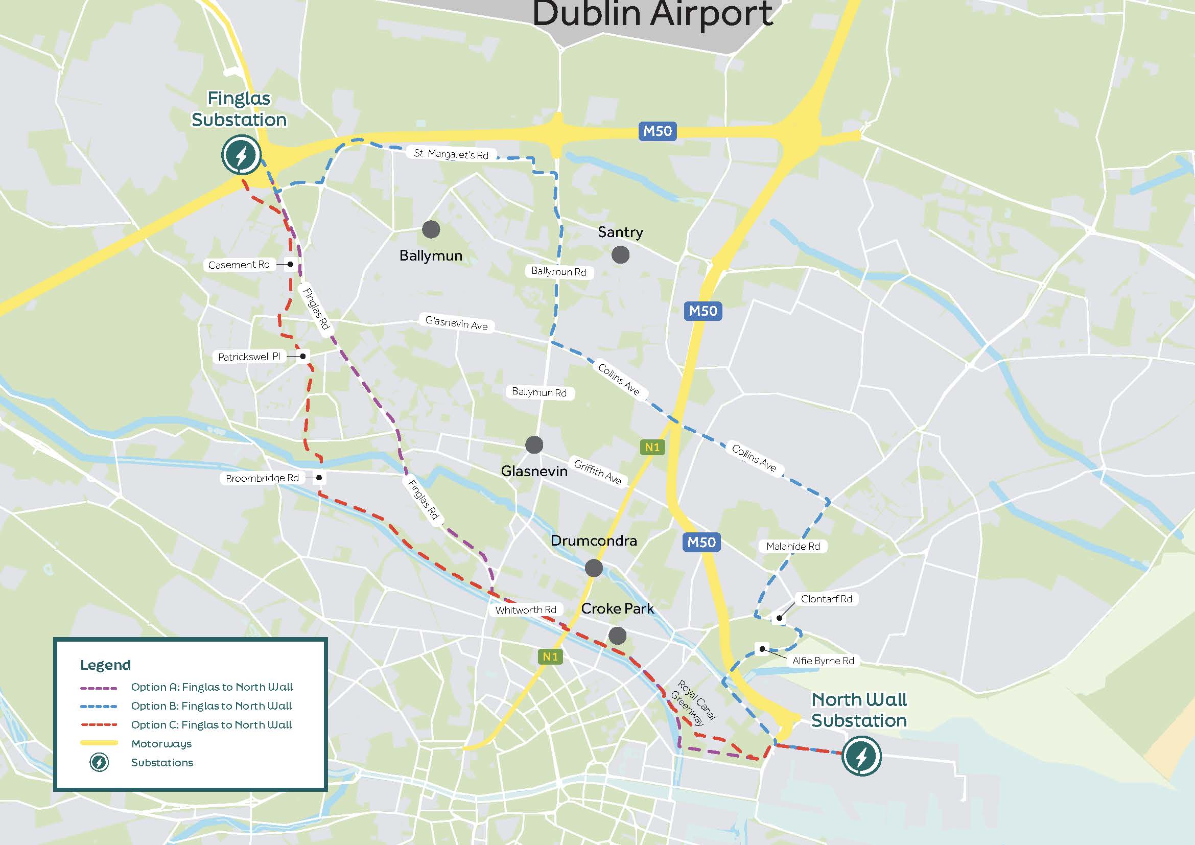 Map of Finglas to North Wall route options