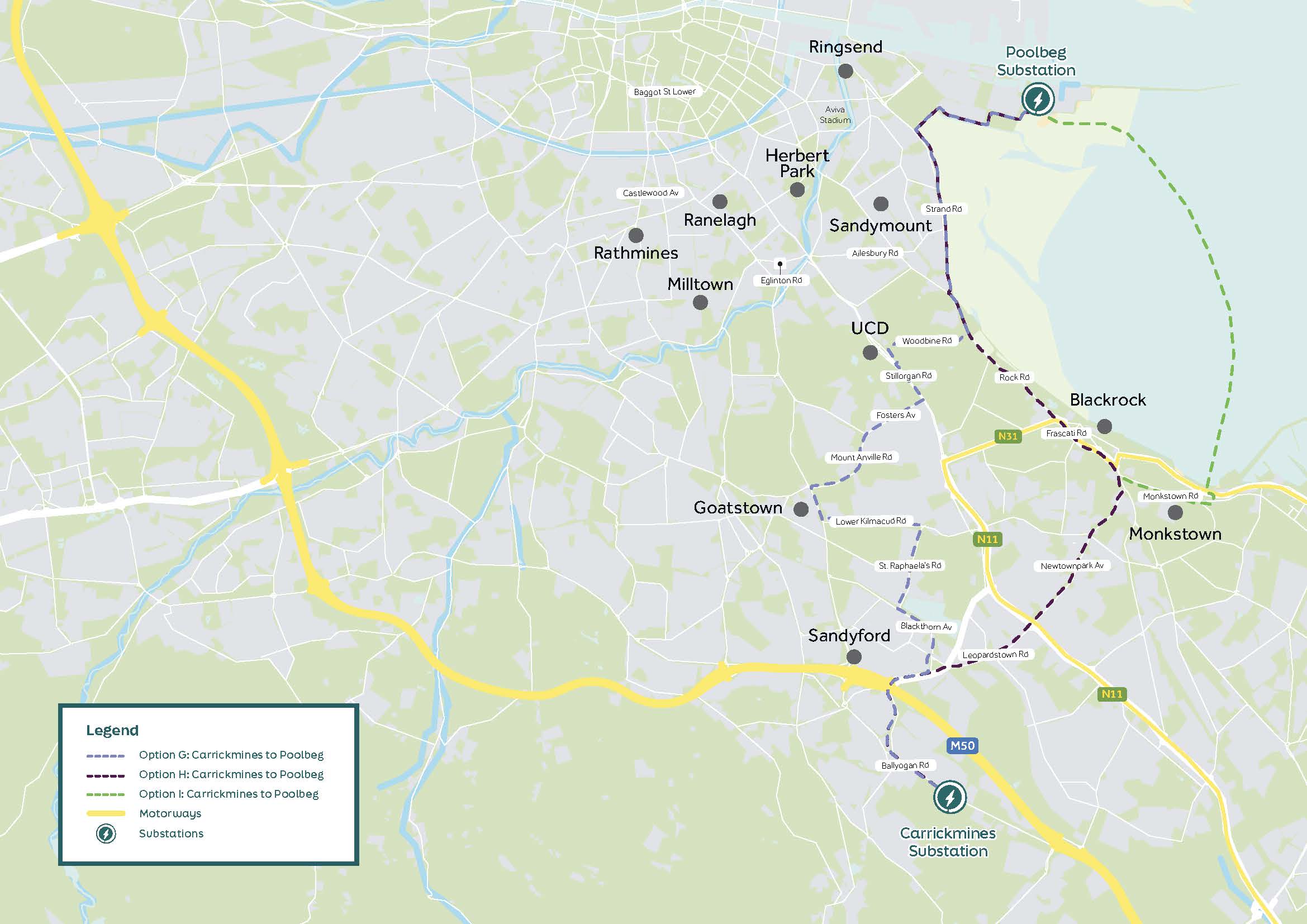 Map of Carrickmines to poolbeg route options
